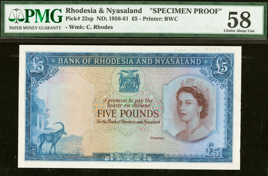 Rhodesia and Nyasaland 5 Pounds specimen note PMG 58
