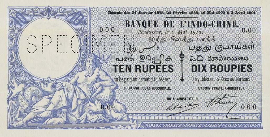 Sell Asian banknotes - French Indochina 10 Rupees specimen note from Pondicherry, 1910