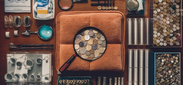 Flat lay of coin collecting accessories including magnifying glass, capsules, trays, and coin rolls