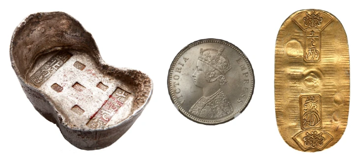 Chinese silver sycee, British India Victoria rupee, and Japanese gold koban – coin collecting themes