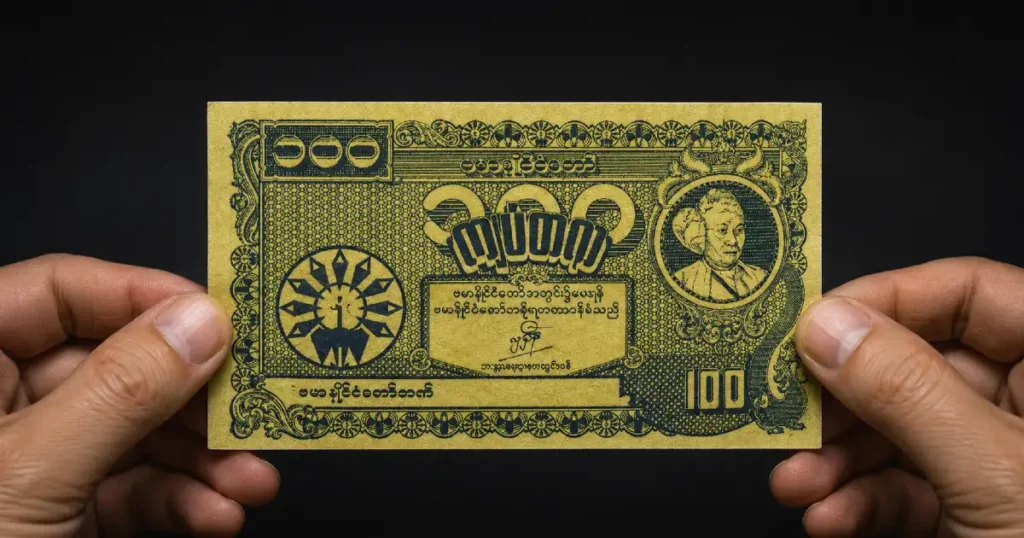 Collector holding Ba Maw 100 Kyat note showing Peacock Sun emblem and Ba Maw portrait on yellow-green emergency issue banknote