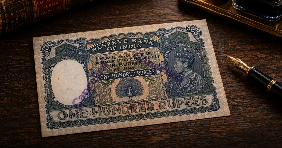 Reserve Bank of India One Hundred Rupees with peacock vignette — Burma Peacock banknotes KGVI series on colonial desk