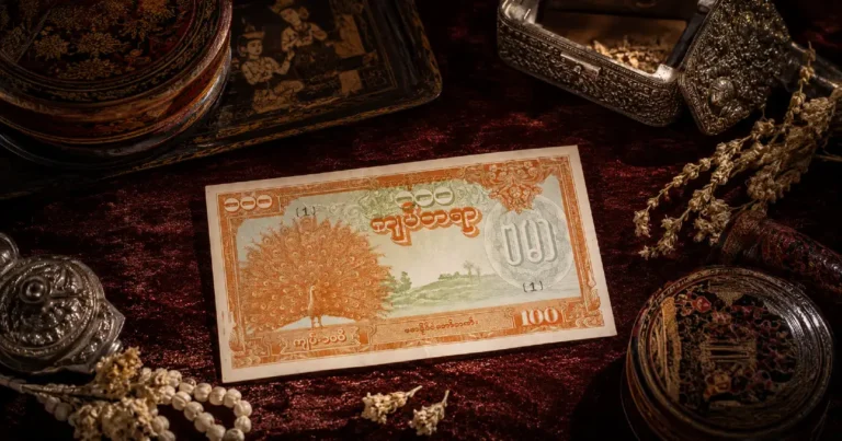 Burma State Bank banknotes 100 Kyat Peacock series on burgundy velvet with Burmese lacquerware and silver betel box
