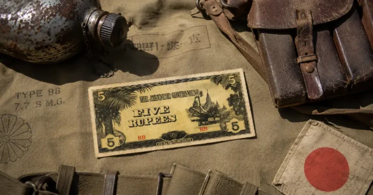 Japanese Invasion Money Burma Five Rupees JIM banknote with BB prefix on WWII military canvas with Japanese field kit and canteen