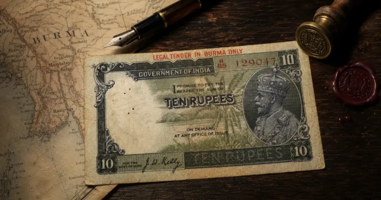 1937 Government of India Ten Rupees with red Legal Tender in Burma Only overprint — KGV Burma overprint banknotes on vintage Burma map with fountain pen and wax seal