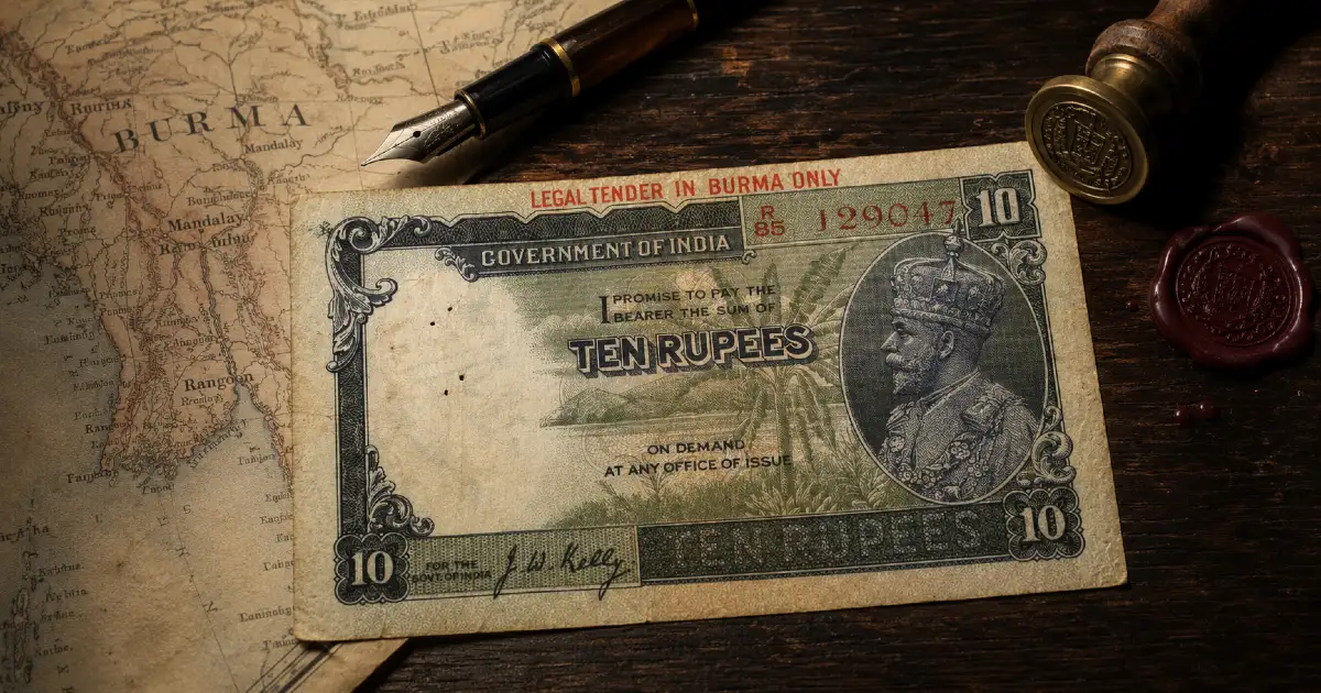 1937 Government of India Ten Rupees with red Legal Tender in Burma Only overprint — KGV Burma overprint banknotes on vintage Burma map with fountain pen and wax seal