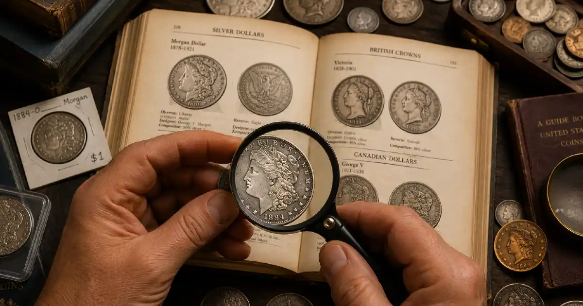Hands examining 1884 Morgan silver dollar with magnifying glass against open coin identification guide showing Silver Dollars, British Crowns, and Canadian Dollars reference pages