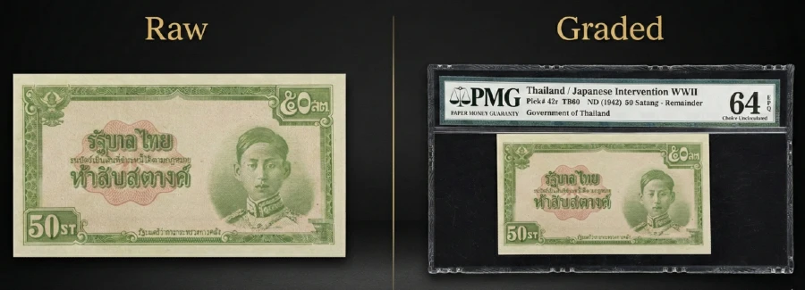 Side by side comparison of a raw Thailand 50 Satang banknote alongside the same note PMG graded 64 EPQ in a certified slab