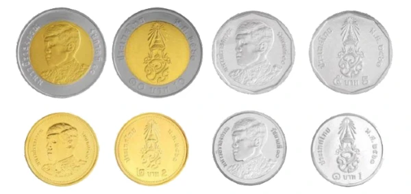 Modern Thai circulating coins from the King Rama X series, showing obverse portraits and reverse royal monograms of the 10, 5, 2, and 1 Baht denominations as a regional example in our coin collecting beginners guide