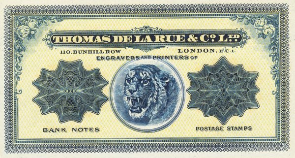 An antique Thomas De La Rue & Co. promotional house note featuring a detailed tiger vignette and intricate geometric guilloche patterns, showcased in our test notes guide