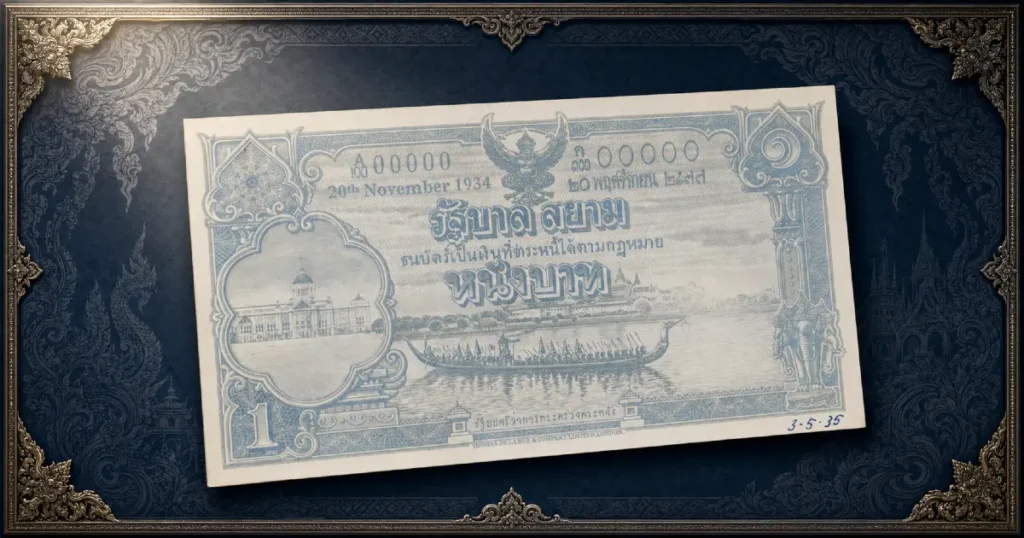 1934 Siamese 1 Baht banknote featuring the Ananta Samakhom Throne Hall and royal barge procession — Thai banknotes Ananta Samakhom design