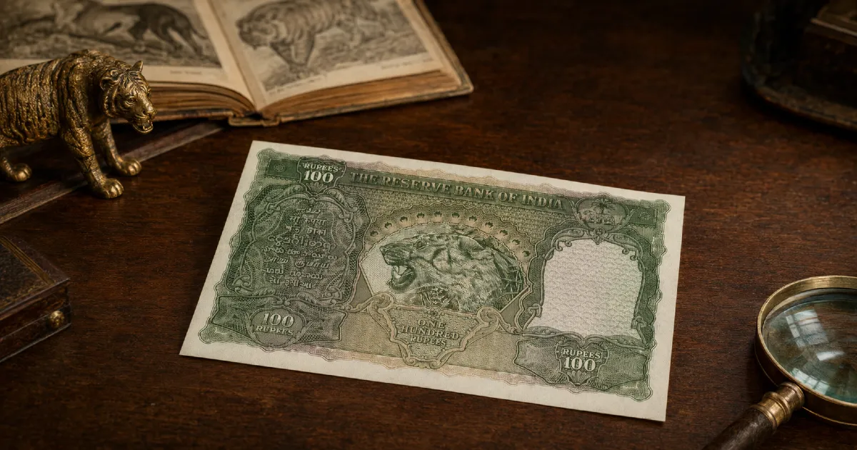 Reserve Bank of India 100 rupees note with tiger engraving, showcasing animals on banknotes
