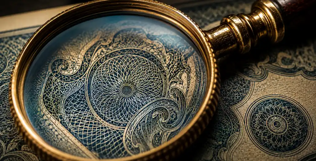 Antique brass magnifying glass over guilloche engraving detail — NumisAsia banknote glossary reference guide