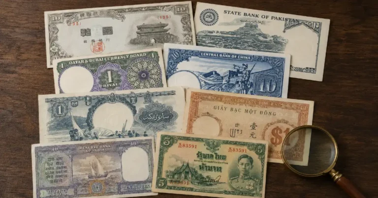 Collection of vintage Asian banknotes spread on a wooden surface with a brass magnifying glass — guide to banknote collecting