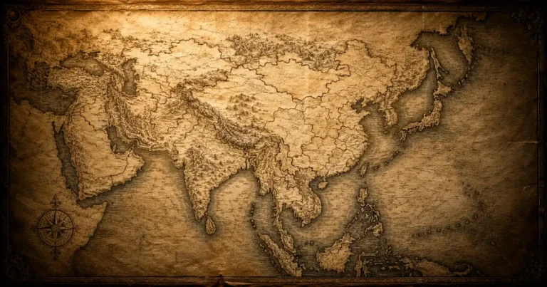 Asian banknote issuers — antique cartographic map of Asia showing historic territories and regions covered in this A–Z directory