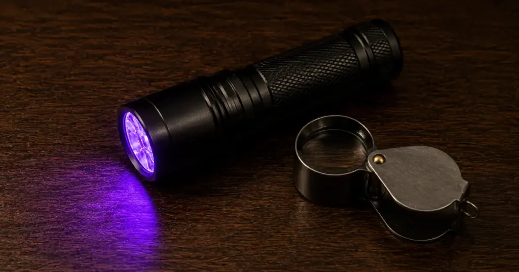 UV ultraviolet torch emitting purple light alongside a jeweller's loupe on dark wood — tools used in banknote authentication and counterfeit detection
