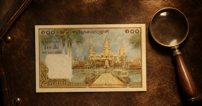 An iconic French Indo-China banknote featuring Angkor Wat alongside a numismatic magnifying glass on a leather background, representing Asian banknote collecting themes.