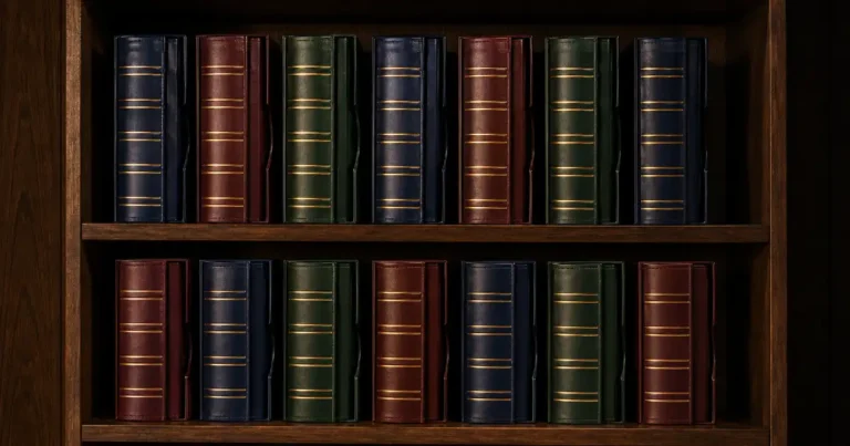 Two rows of premium leather collector's binder albums on dark wooden shelves — proper banknote preservation storage