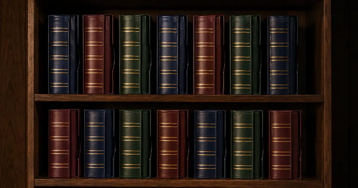 Two rows of premium leather collector's binder albums on dark wooden shelves — proper banknote preservation storage
