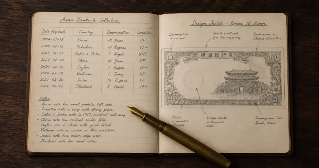 Open collector's notebook with handwritten banknote records and a vintage fountain pen on a dark wooden surface