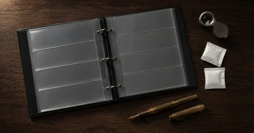 Open banknote collector's album with clear protective pages alongside a loupe silica gel packets and fountain pen