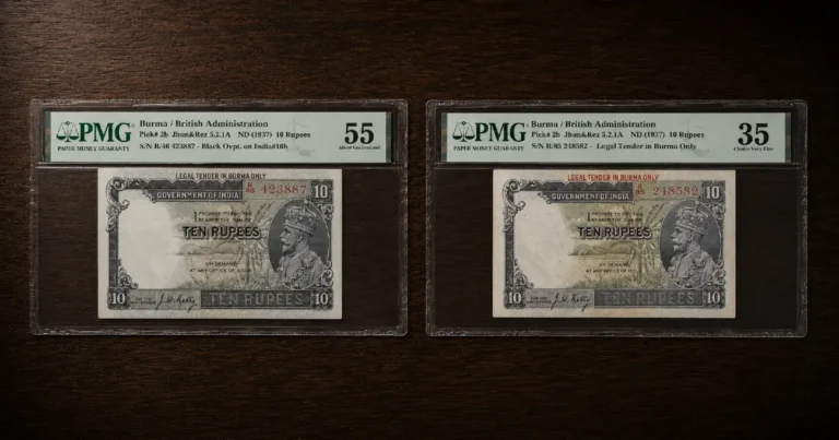 Two PMG certified Burma 10 Rupees banknotes graded 55 About Uncirculated and 35 Choice Very Fine showing condition difference in banknote grading