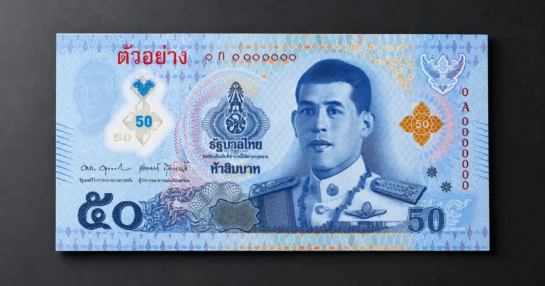 Thailand 50 Baht polymer specimen note showing transparent window and holographic banknote security features