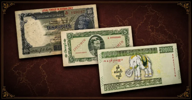 Burma Banknotes Guide – KGV Colonial Overprint, Aung San Specimen, and Myanmar 20,000 Kyats White Elephant