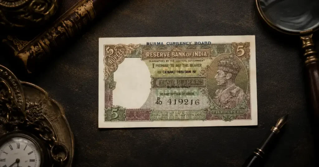 Burma Currency Board banknote — 5 Rupees Pick 31, serial R/40 419216, showing the dark blue overprint BURMA CURRENCY BOARD across the upper design area and two-line LEGAL TENDER IN BURMA ONLY block within the central text panel, signed C.D. Deshmukh