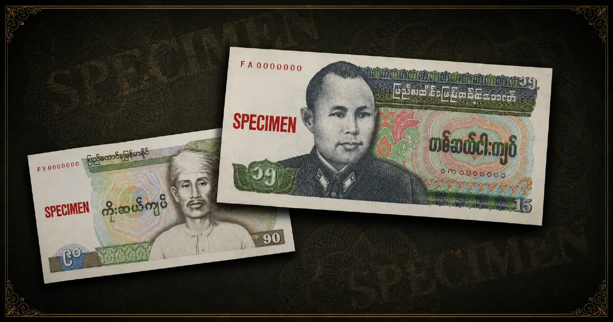 Burma Odd Denomination Banknotes – 15 Kyats and 90 Kyats Wazi Specimen Pair, Union of Burma Bank 1985–1987