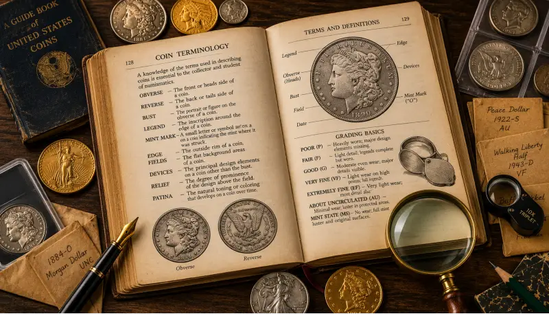 Open coin collecting glossary showing numismatic terminology and grading basics, surrounded by antique coins, magnifying glass, and slabbed coins