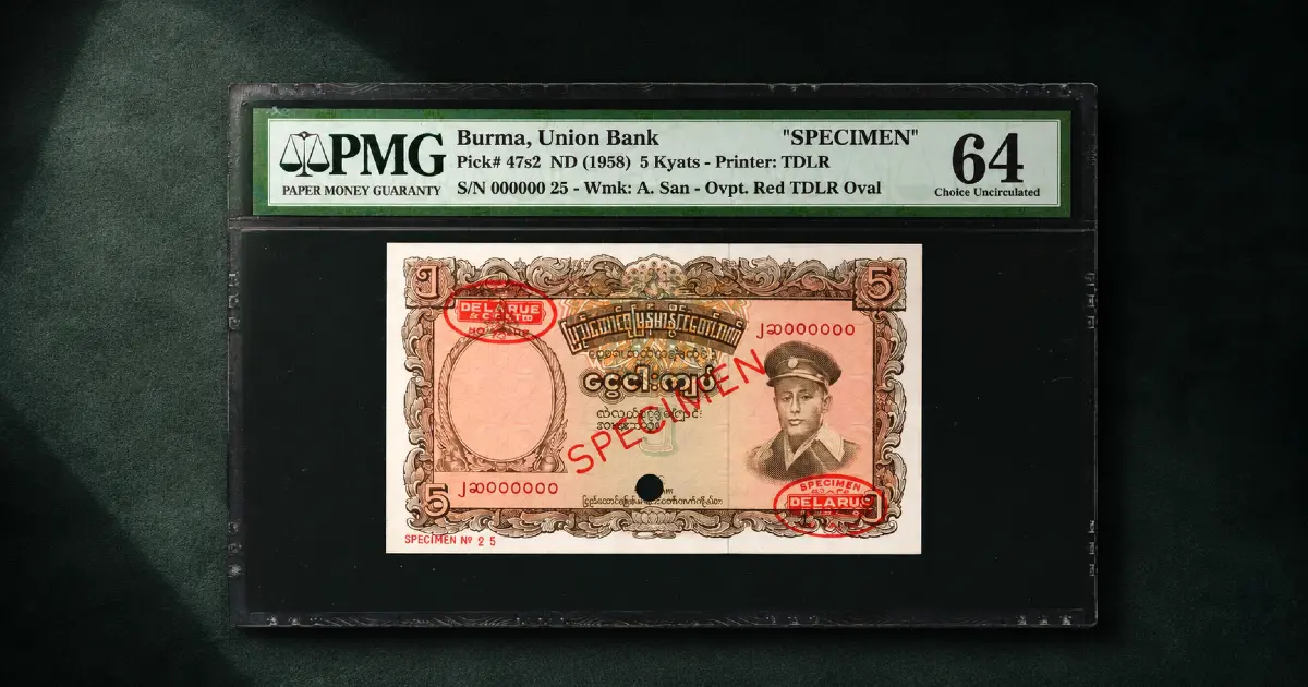 Collecting specimen banknotes: Burma Union Bank 5 Kyats Pick 47s2 PMG 64 Choice Uncirculated with red De La Rue oval overprint, diagonal SPECIMEN overprint, and all-zero serial numbers