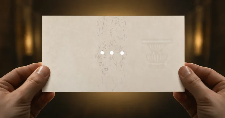 Hands holding Thai banknote watermark paper to light revealing the Constitution of Thailand on banknotes — pedestal tray Phan watermark visible through the substrate
