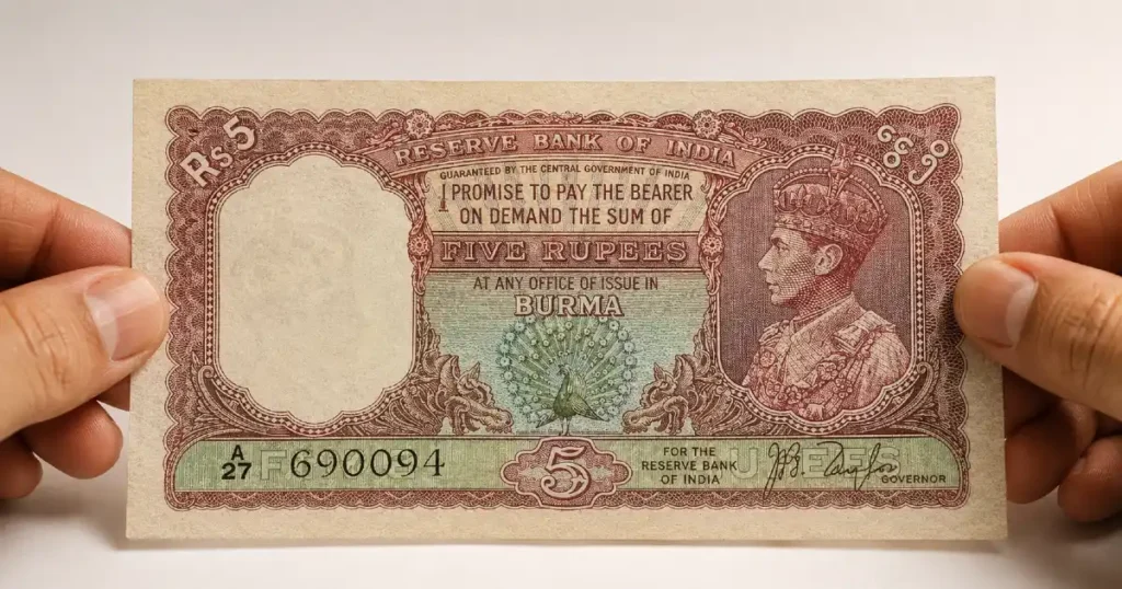Two hands holding a vintage Burma five rupees banknote by its edges demonstrating correct handling technique