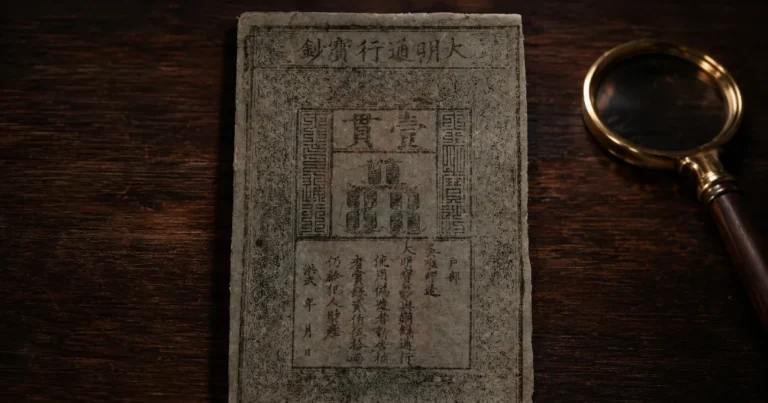 Ming Dynasty Da Ming Tong Xing Bao Chao banknote on wooden surface — history of banknotes from early Chinese paper money
