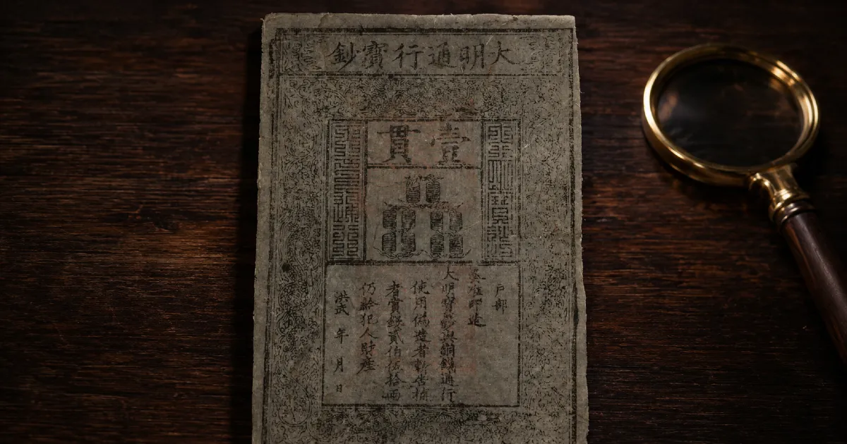 Ming Dynasty Da Ming Tong Xing Bao Chao banknote on wooden surface — history of banknotes from early Chinese paper money