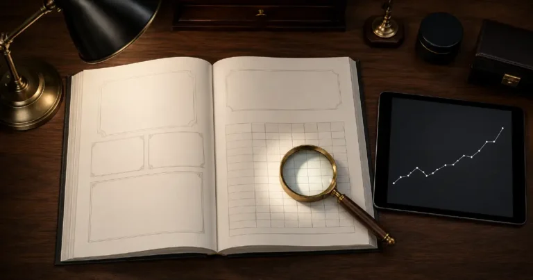 A professional flat-lay photograph of a numismatic appraisal desk featuring an open reference catalog guide, a brass magnifying glass, and a digital tablet displaying an asset price chart used by collectors to check banknote value