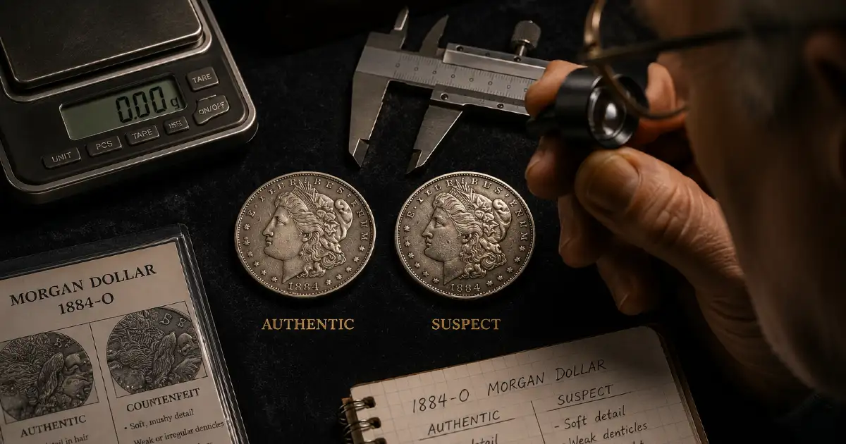 Side-by-side comparison of authentic and suspect 1884-O Morgan Dollar using loupe, calipers, and digital scale — how to identify counterfeit coins