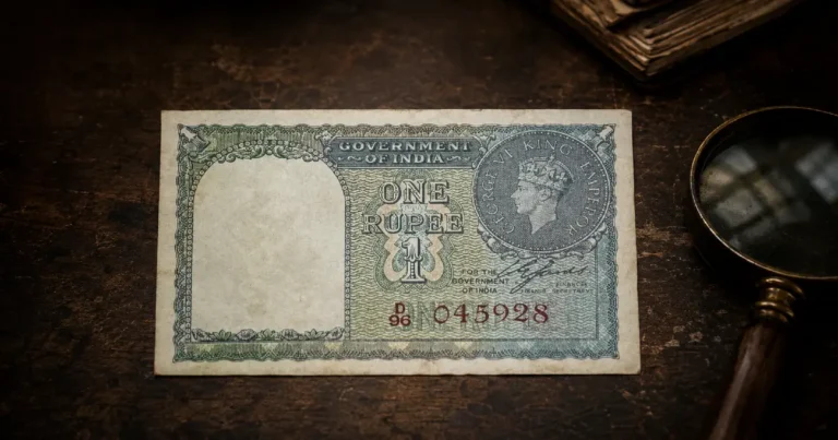King George VI 1 Rupee banknote red serial displayed on dark wood