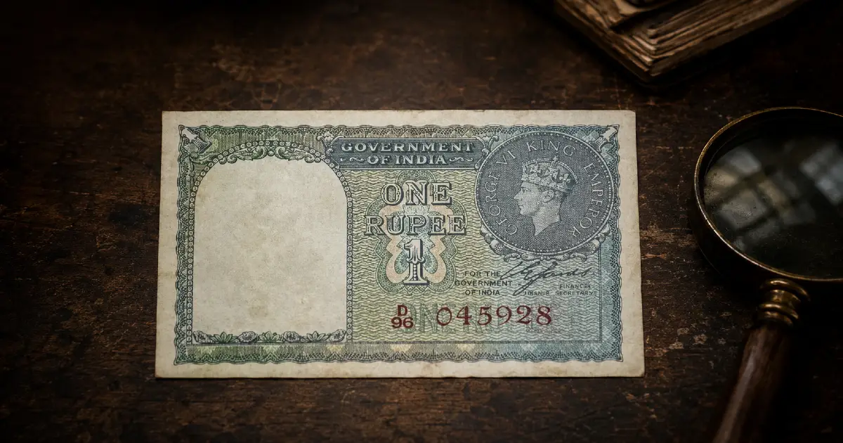 King George VI 1 Rupee banknote red serial displayed on dark wood
