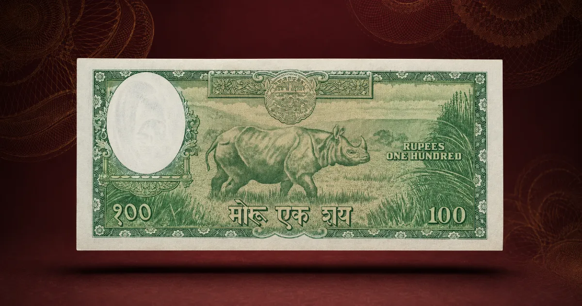 Animals on Nepal Banknotes: rhinoceros design on 100 Rupees note