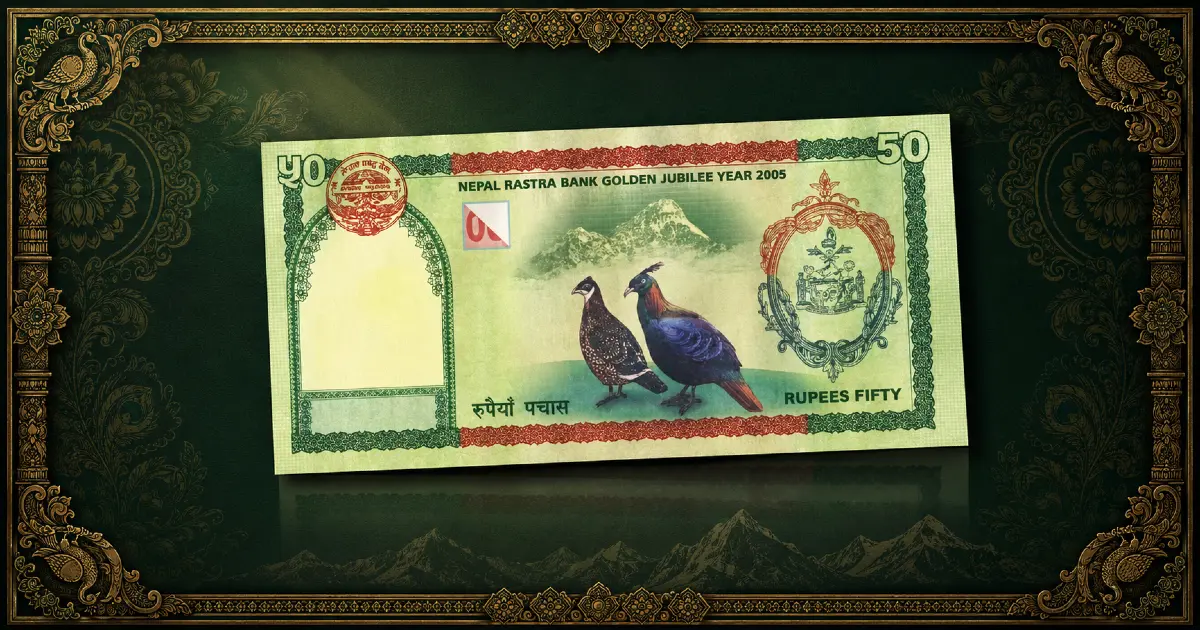 Nepal commemorative banknotes — Nepal Rastra Bank Golden Jubilee 50 Rupee reverse featuring two Danphe (Himalayan monal) birds with Mount Amadablam in the background, issued 2005