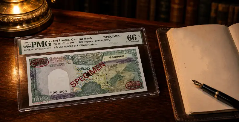 A PMG-graded Asian specimen banknote beside a collector's inspection notebook, representing NumisAsia's strict banknote return policy and condition verification process