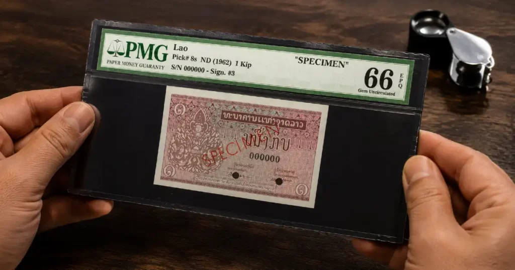 Hands holding a PMG 66 EPQ graded Laos 1 Kip specimen banknote in its slab — professional banknote grading and condition assessment