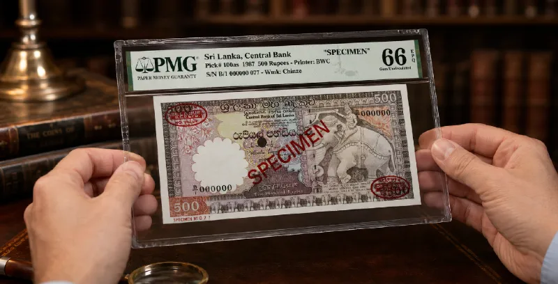 Hands holding a PMG-graded specimen banknote by the edges over an antique desk, reflecting NumisAsia's trusted banknote payment methods and secure worldwide shipping