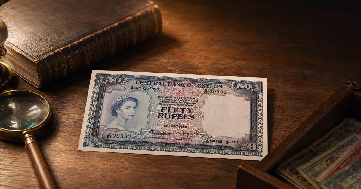 1954 Central Bank of Ceylon 50 rupees note from the Queen Elizabeth II Ceylon banknotes series