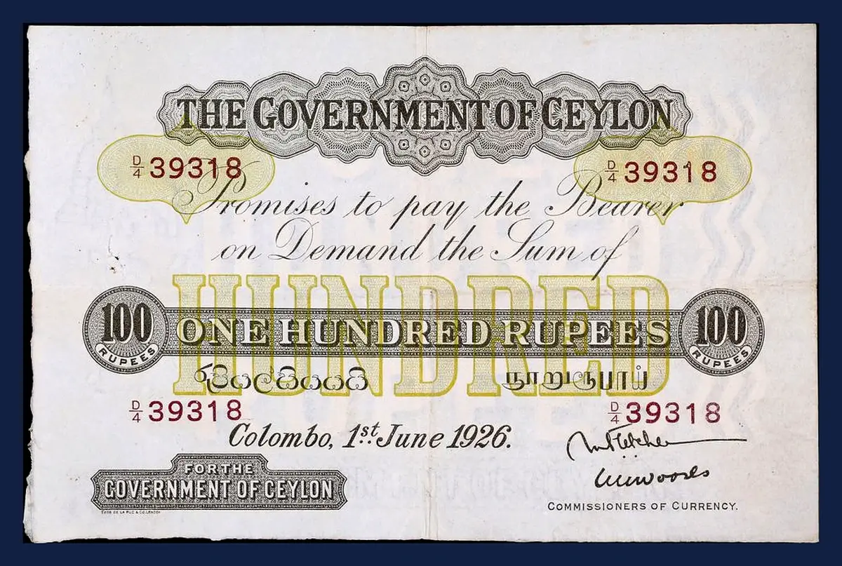 Identify rare banknotes – Government of Ceylon 100 Rupees 1926 colonial currency example