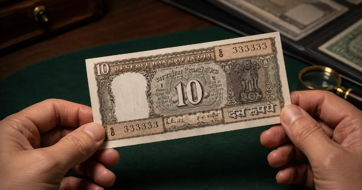 Collector holding Reserve Bank of India 10 Rupees banknote with solid fancy serial number 333333 – example of how to identify rare fancy serial numbers