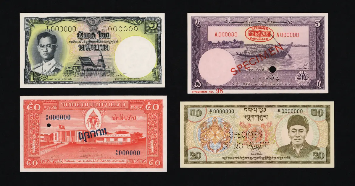 Specimen banknote guide: four Asian specimen banknotes showing different marking types — Thailand 1 Baht perforated cancelled, Pakistan 5 Rupees De La Rue oval overprint, Laos 50 Kip local language overprint, and Bhutan 20 Ngultrum perforated specimen