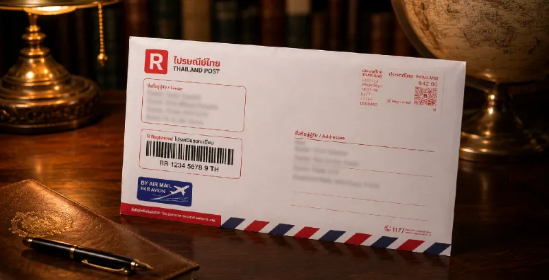 Thailand Post registered airmail envelope with globe, reflecting NumisAsia's banknote shipping policy for worldwide delivery